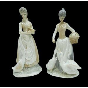 Vtg Ceramic Women Ducks Hand-Painted Farmhouse Decor Collectibles Goose Geese